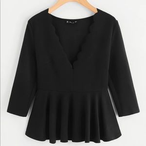 Black Scalloped Hem Peplum Top Medium